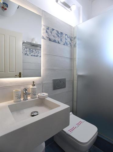 a bathroom with a sink and a toilet and a mirror at Nostos Beachfront Apartments & Studios in Agios Ioannis Tinos