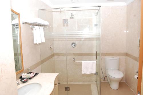 a bathroom with a shower and a toilet and a sink at Beverly Hotel in Chennai