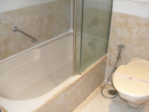 a bathroom with a shower and a toilet at Beverly Hotel in Chennai