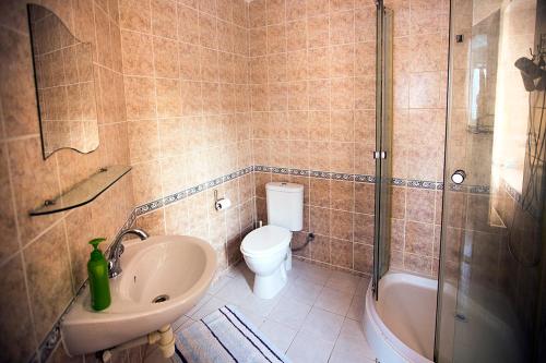 y baño con aseo, lavabo y ducha. en Penzion Na Cymbálku, en Horní Třanovice