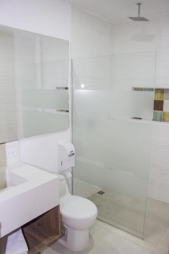 a white bathroom with a toilet and a shower at Hosteria Guaracú in San Jerónimo