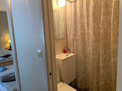 a bathroom with a toilet and a shower curtain at Villa Tullgatan Borgholm in Borgholm