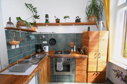 Il comprend une petite cuisine équipée d'un évier et d'une cuisinière. dans l'établissement Central apartment with beautiful sea view, à Opatija