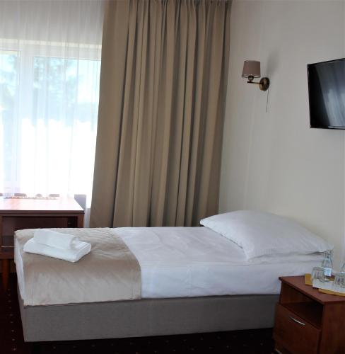 a hotel room with a bed and a window at Hotel Biały in Wałbrzych