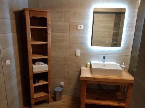a bathroom with a sink and a mirror at La Girandole Chambre d'hôtes et Location d'appartement in Arvieux