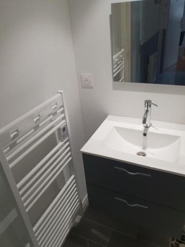 une salle de bain avec un lavabo et un miroir dans l'établissement Appartement T2, à Lau-Balagnas