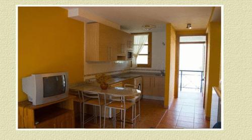 a kitchen with a table and a tv in it at Apartamentos Brisas del Deva in Potes