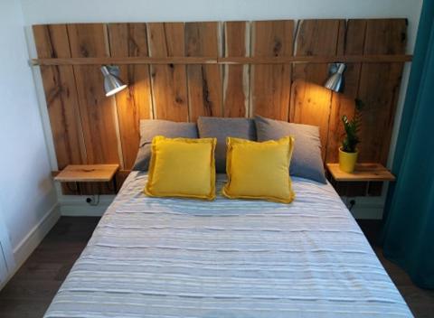 1 dormitorio con 1 cama con 2 almohadas amarillas en Appt 2ème étage sur l’ile de Saumur en Saumur