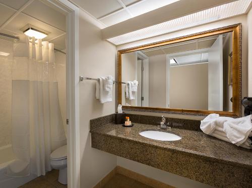 a bathroom with a sink and a mirror and a toilet at Coral Beach Resort in Myrtle Beach