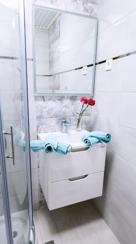 a white bathroom with a sink and a mirror at Apartmaji Baron in Bled