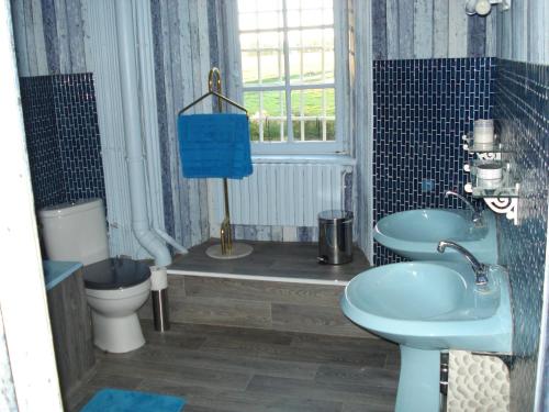 Un baño con dos lavabos y un inodoro y una ventana. en Chateau de Grand Bonnefont, en Limoges