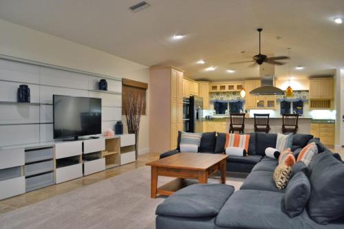 a living room with a blue couch and a tv at Sarasota - Dunmore 8730 in Sarasota