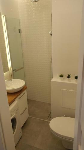 biała łazienka z toaletą i umywalką w obiekcie Sea & Sand Apartment w Gdańsku