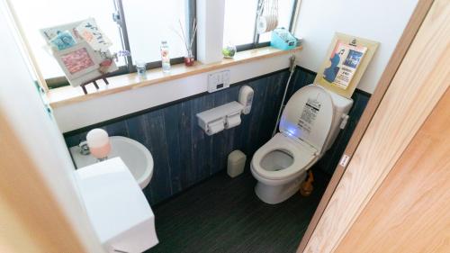 a small bathroom with a toilet and a sink at private accommodation隠岐貸切古民家宿くすぶるハウス in Okinoshima