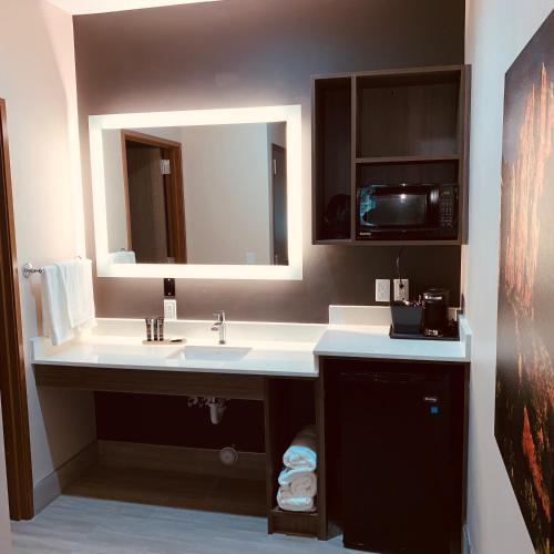 a bathroom with a sink and a microwave at Zion Canyon Lodge in Springdale