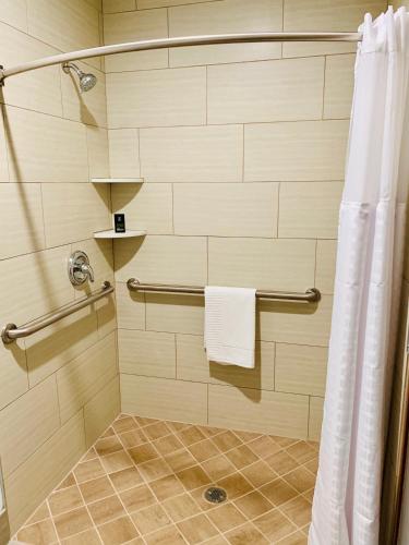 a bathroom with a shower with a white shower curtain at Zion Canyon Lodge in Springdale