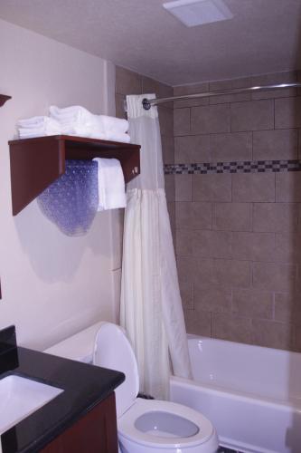 La salle de bains est pourvue de toilettes, d'un lavabo et d'une douche. dans l'établissement Americas Best Value Inn Port Aransas, à Port Aransas