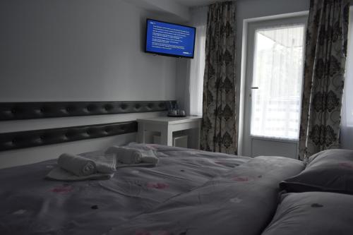 a bedroom with a bed and a tv on the wall at Cazare Moldi Btt in Câmpulung Moldovenesc