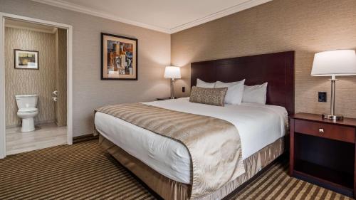 a hotel room with a large bed and a toilet at Inn at Mendehall in Mendenhall