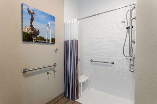 a bathroom with a shower with a toilet and a picture of a giraffe at La Quinta by Wyndham Wichita Airport in Wichita