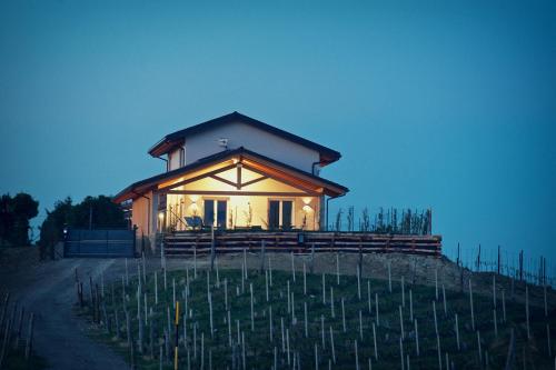 a small house in a vineyard at night at Ciabot Apartments in Treiso