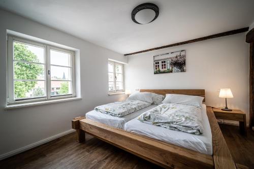 a bedroom with a bed and two windows at Ferienwohnungen Finkenherd 5 in Quedlinburg