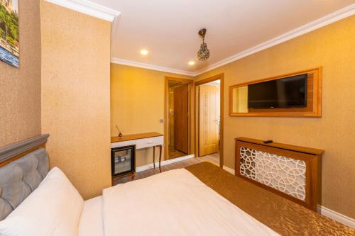 a hotel room with a bed and a flat screen tv at Golden Sand Hotel in Istanbul
