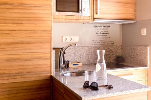 una cocina con fregadero y una botella en una encimera en Sky Touristic Attic, en Valencia