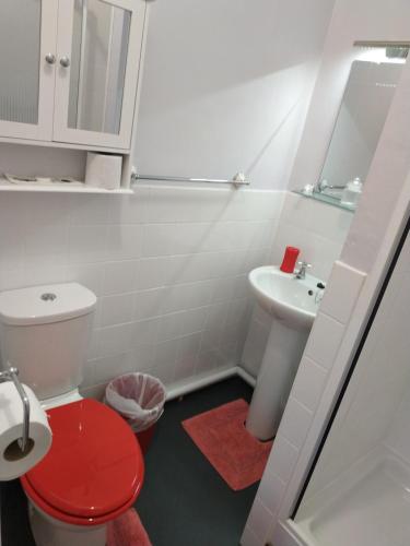 a bathroom with a white toilet and a sink at The Castleton in Blackpool