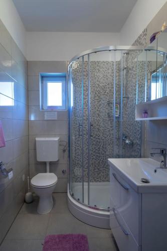 a bathroom with a shower and a toilet and a sink at Apartment Neretva dream in Komin