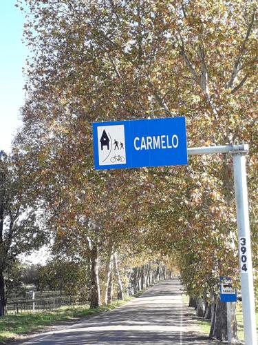 a blue street sign on a road with trees at Carmelo RIVERSIDE Bungalows in Carmelo