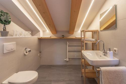 a bathroom with a white toilet and a sink at Berggasthof Staudachstub'n in Kirchberg in Tirol