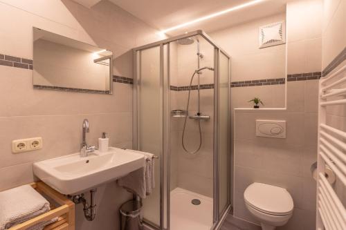 a bathroom with a shower and a sink and a toilet at Berggasthof Staudachstub'n in Kirchberg in Tirol