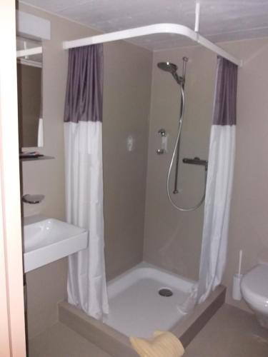 a bathroom with a shower and a sink at Hotel Garni Frohsinn in Uttwil