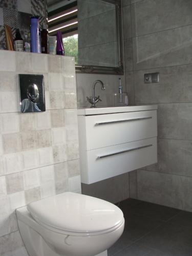 a bathroom with a white toilet and a sink at Berneński Zakątek in Charzykowy