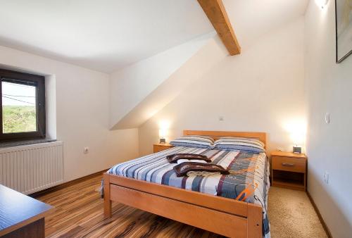 a bedroom with a bed and two tables and a window at Apartments Matko in Rakovica