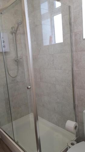 um chuveiro com uma porta de vidro na casa de banho em TUii Appart, Cleveleys Road Holbeck em Leeds