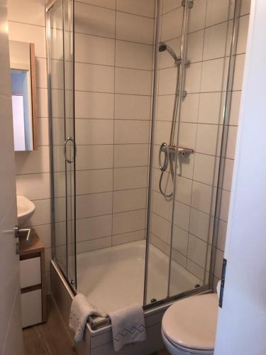 uma casa de banho com um chuveiro e um WC. em Juro em Pruchten