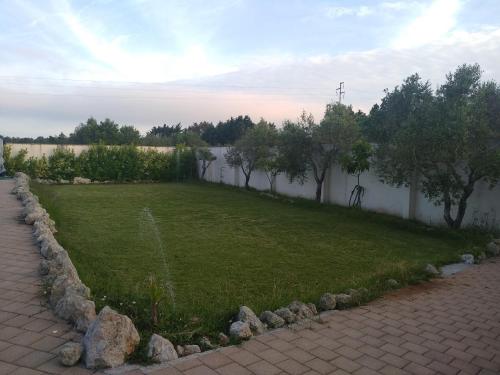 a grassy yard with trees and a wall at B&B Terra Serena in Santa Cesarea Terme