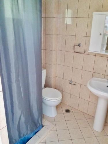 a bathroom with a toilet and a sink at Ionian Bay Rooms in Qeparo
