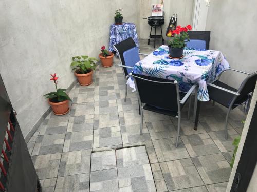 a patio with a table and chairs and potted plants at Apartment in family house Linda in Čavle