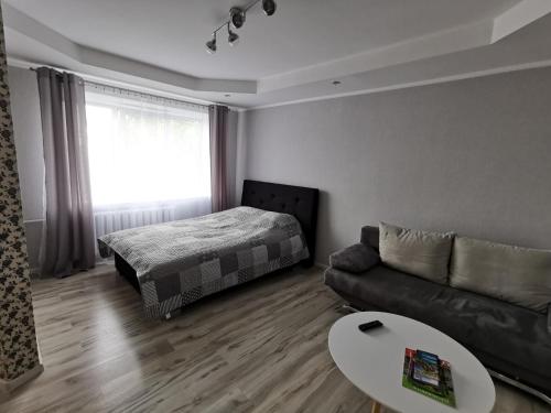 uma sala de estar com um sofá e uma cama em Central Sun em Daugavpils