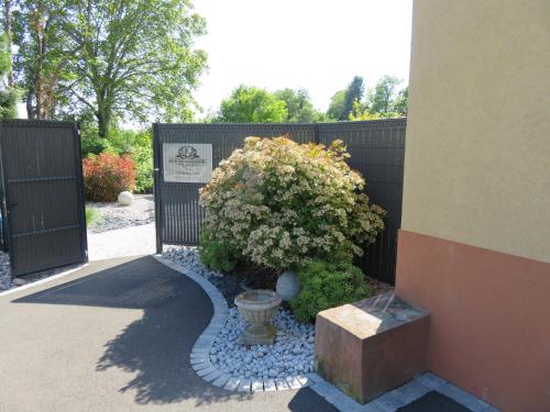 a garden with a bush in front of a fence at Les Rives des Habsbourg in Ensisheim