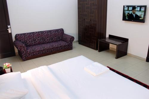 a living room with a couch and a television at Sahara Hotel Apartments in Muscat