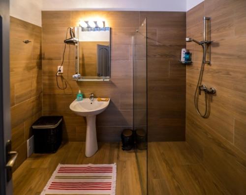 a bathroom with a sink and a shower at ATRIUM 22 Apartment in Sighişoara