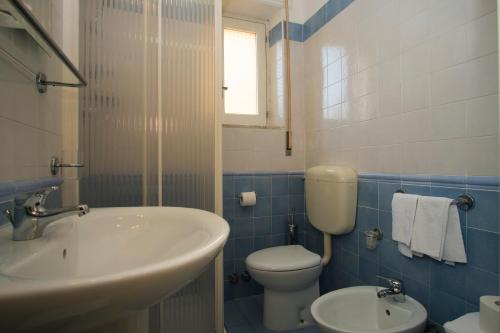 a blue and white bathroom with a toilet and a sink at Delfino in Marina di Camerota