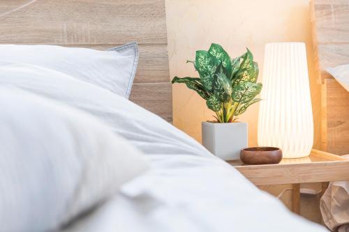 a bed with a plant on a table with a lamp at パームヴィラ-貸切プライベート-最大10名様のバケーションステイ-駐車場付き in Yaese