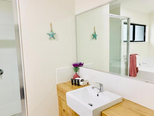 een badkamer met een wastafel en een spiegel bij AIRLIE BEACH Delight. Hop, skip jump to everything in Cannonvale