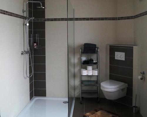 La salle de bains est pourvue d'une douche et de toilettes. dans l'établissement Ferienwohnung Weindler, à Weiden