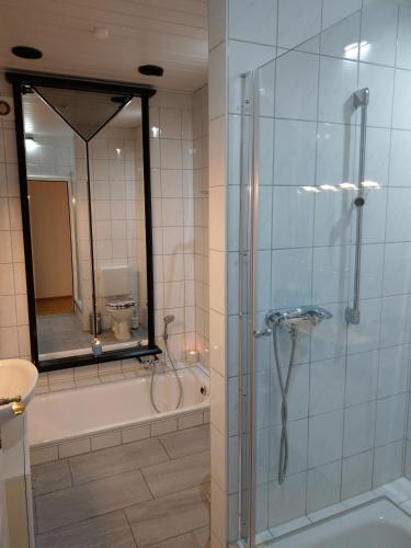 a bathroom with a shower and a tub and a sink at FEWO Hückeswagen "Das Historische" in Hückeswagen